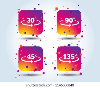 Angle 30-135 degrees icons. Geometry math signs symbols. Full complete rotation arrow. Colour gradient square buttons. Flat design concept. Vector