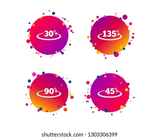 Angle 30-135 degrees icons. Geometry math signs symbols. Full complete rotation arrow. Gradient circle buttons with icons. Random dots design. Vector