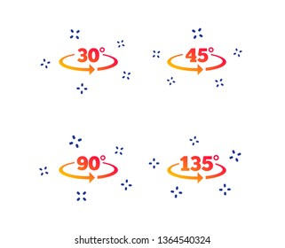 Angle 30-135 degrees icons. Geometry math signs symbols. Full complete rotation arrow. Random dynamic shapes. Gradient degree icon. Vector