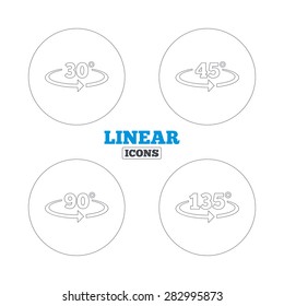 Angle 30-135 degrees icons. Geometry math signs symbols. Full complete rotation arrow. Linear outline web icons. Vector
