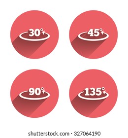 Angle 30-135 degrees icons. Geometry math signs symbols. Full complete rotation arrow. Pink circles flat buttons with shadow. Vector