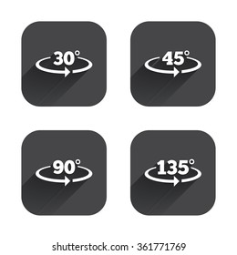 Angle 30-135 degrees icons. Geometry math signs symbols. Full complete rotation arrow. Square flat buttons with long shadow.