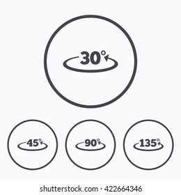 Angle 30-135 degrees icons. Geometry math signs symbols. Full complete rotation arrow. Icons in circles.