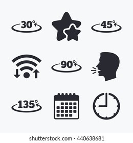 Angle 30-135 degrees icons. Geometry math signs symbols. Full complete rotation arrow. Wifi internet, favorite stars, calendar and clock. Talking head. Vector
