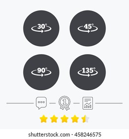 Angle 30-135 degrees icons. Geometry math signs symbols. Full complete rotation arrow. Chat, award medal and report linear icons. Star vote ranking. Vector