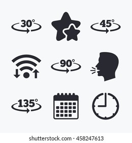 Angle 30-135 degrees icons. Geometry math signs symbols. Full complete rotation arrow. Wifi internet, favorite stars, calendar and clock. Talking head. Vector