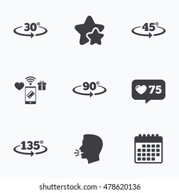 Angle 30-135 degrees icons. Geometry math signs symbols. Full complete rotation arrow. Flat talking head, calendar icons. Stars, like counter icons. Vector