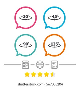 Angle 30-135 degrees icons. Geometry math signs symbols. Full complete rotation arrow. Calendar, internet globe and report linear icons. Star vote ranking. Vector