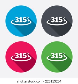 Angle 315 degrees sign icon. Geometry math symbol. Circle buttons with long shadow. 4 icons set. Vector