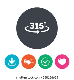 Angle 315 degrees sign icon. Geometry math symbol. Download arrow, handshake, tick and heart. Flat circle buttons.