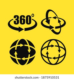 Icono de ángulo 360 grados, símbolos de vista completa establecidos aislados en fondo amarillo