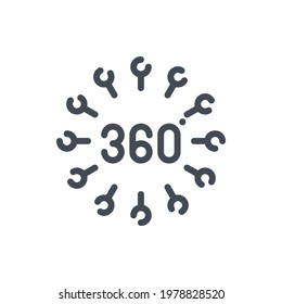 Angle 360 degree line icon. 360 degree view vector outline sign.