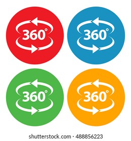 Angle 360 Degrees Panorama View Vector Icon. Both Ways Double Arrows Rotation Round Symbol. Red, blue, green, yellow colors.