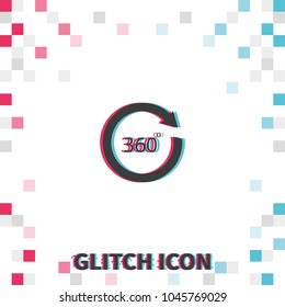 Angle 360 degrees sign  glitch effect vector icon. Arrow rotate illustration.