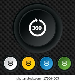 Angle 360 degrees sign icon. Geometry math symbol. Full rotation. Round colourful buttons on black texture. Vector