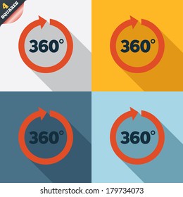 Angle 360 degrees sign icon. Geometry math symbol. Full rotation. Four squares. Colored Flat design buttons. Vector