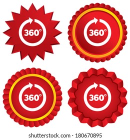 Angle 360 degrees sign icon. Geometry math symbol. Full rotation. Red stars stickers. Certificate emblem labels. Vector
