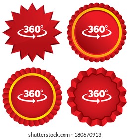 Angle 360 degrees sign icon. Geometry math symbol. Full rotation. Red stars stickers. Certificate emblem labels. Vector