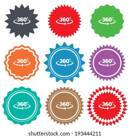 Angle 360 degrees sign icon. Geometry math symbol. Full rotation. Stars stickers. Certificate emblem labels. Vector
