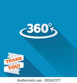 Angle 360 degrees sign icon. Geometry math symbol. Full rotation. White flat icon with long shadow. Paper ribbon label with Thank you text. Vector