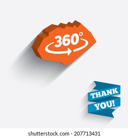 Angle 360 degrees sign icon. Geometry math symbol. Full rotation. White icon on orange 3D piece of wall. Carved in stone with long flat shadow. Vector