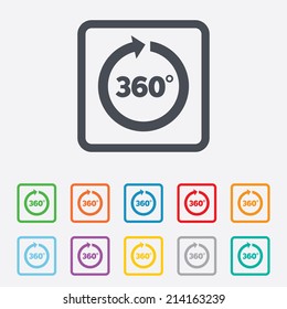 Angle 360 degrees sign icon. Geometry math symbol. Full rotation. Round squares buttons with frame. Vector