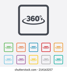 Angle 360 degrees sign icon. Geometry math symbol. Full rotation. Round squares buttons with frame. Vector