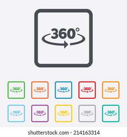 Angle 360 degrees sign icon. Geometry math symbol. Full rotation. Round squares buttons with frame. Vector