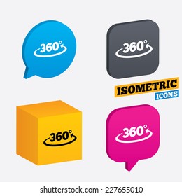 Angle 360 degrees sign icon. Geometry math symbol. Full rotation. Isometric speech bubbles and cube. Rotated icons with edges. Vector