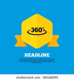 Angle 360 degrees sign icon. Geometry math symbol. Full rotation. Yellow label tag. Circles seamless pattern on back. Vector