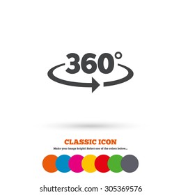 Angle 360 degrees sign icon. Geometry math symbol. Full rotation. Classic flat icon. Colored circles. Vector