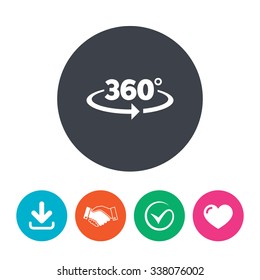 Angle 360 degrees sign icon. Geometry math symbol. Full rotation. Download arrow, handshake, tick and heart. Flat circle buttons.