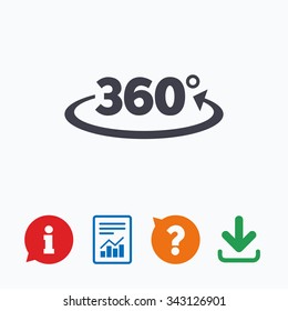 Angle 360 degrees sign icon. Geometry math symbol. Full rotation. Information think bubble, question mark, download and report.
