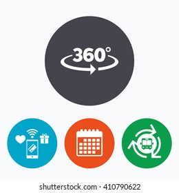 Angle 360 degrees sign icon. Geometry math symbol. Full rotation. Mobile payments, calendar and wifi icons. Bus shuttle.