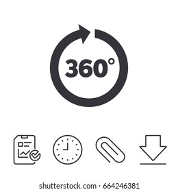 Angle 360 degrees sign icon. Geometry math symbol. Full rotation. Report, Time and Download line signs. Paper Clip linear icon. Vector
