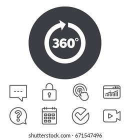 Angle 360 degrees sign icon. Geometry math symbol. Full rotation. Calendar, Locker and Speech bubble line signs. Video camera, Statistics and Question icons. Vector