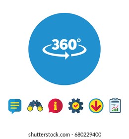 Angle 360 degrees sign icon. Geometry math symbol. Full rotation. Information, Report and Speech bubble signs. Binoculars, Service and Download icons. Vector