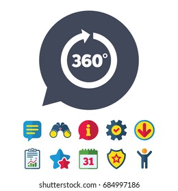 Angle 360 degrees sign icon. Geometry math symbol. Full rotation. Information, Report and Speech bubble signs. Binoculars, Service and Download, Stars icons. Vector