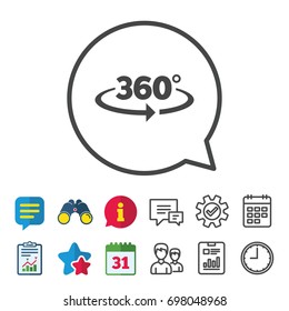 Angle 360 degrees sign icon. Geometry math symbol. Full rotation. Information, Report and Calendar signs. Group, Service and Chat line icons. Vector