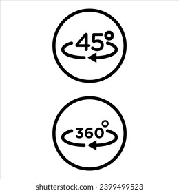 Angle 45 to 360 degrees icon. mathematical measurement of round 45 or 360 degree of rotation angle protector symbol. radian swivel rotate 45 to 360 degree angle vector concept. turn angle rotation 