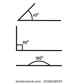  Angle of 45, 90, 180 degrees vector illustration. The symbol of geometry, mathematics. Trigonometry template. Degree of arc and pie chart isolated on transparent background.