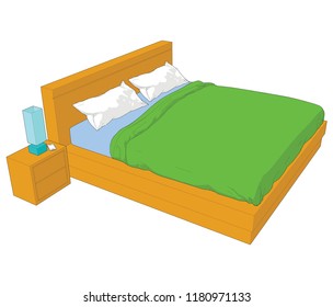angle 45 degree birds eye view side view Double bed side table lamp mobile phone smartphone white pillow green blanket wood