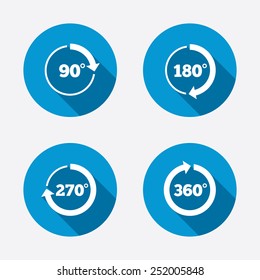 Angle 45-360 Degrees Circle Icons. Geometry Math Signs Symbols. Full Complete Rotation Arrow. Circle Concept Web Buttons. Vector