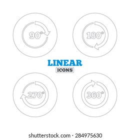 Angle 45-360 degrees circle icons. Geometry math signs symbols. Full complete rotation arrow. Linear outline web icons. Vector