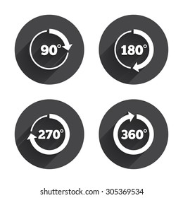 Angle 45-360 Degrees Circle Icons. Geometry Math Signs Symbols. Full Complete Rotation Arrow. Circles Buttons With Long Flat Shadow. Vector