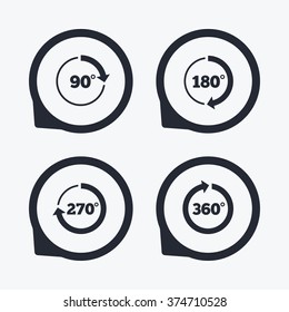 Angle 45-360 degrees circle icons. Geometry math signs symbols. Full complete rotation arrow. Flat icon pointers.