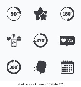 Angle 45-360 degrees circle icons. Geometry math signs symbols. Full complete rotation arrow. Flat talking head, calendar icons. Stars, like counter icons. Vector