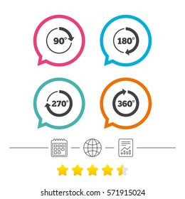 Angle 45-360 degrees circle icons. Geometry math signs symbols. Full complete rotation arrow. Calendar, internet globe and report linear icons. Star vote ranking. Vector