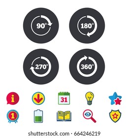 Angle 45-360 degrees circle icons. Geometry math signs symbols. Full complete rotation arrow. Calendar, Information and Download signs. Stars, Award and Book icons. Light bulb, Shield and Search