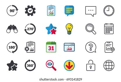 Angle 45-360 degrees circle icons. Geometry math signs symbols. Full complete rotation arrow. Chat, Report and Calendar signs. Stars, Statistics and Download icons. Question, Clock and Globe. Vector
